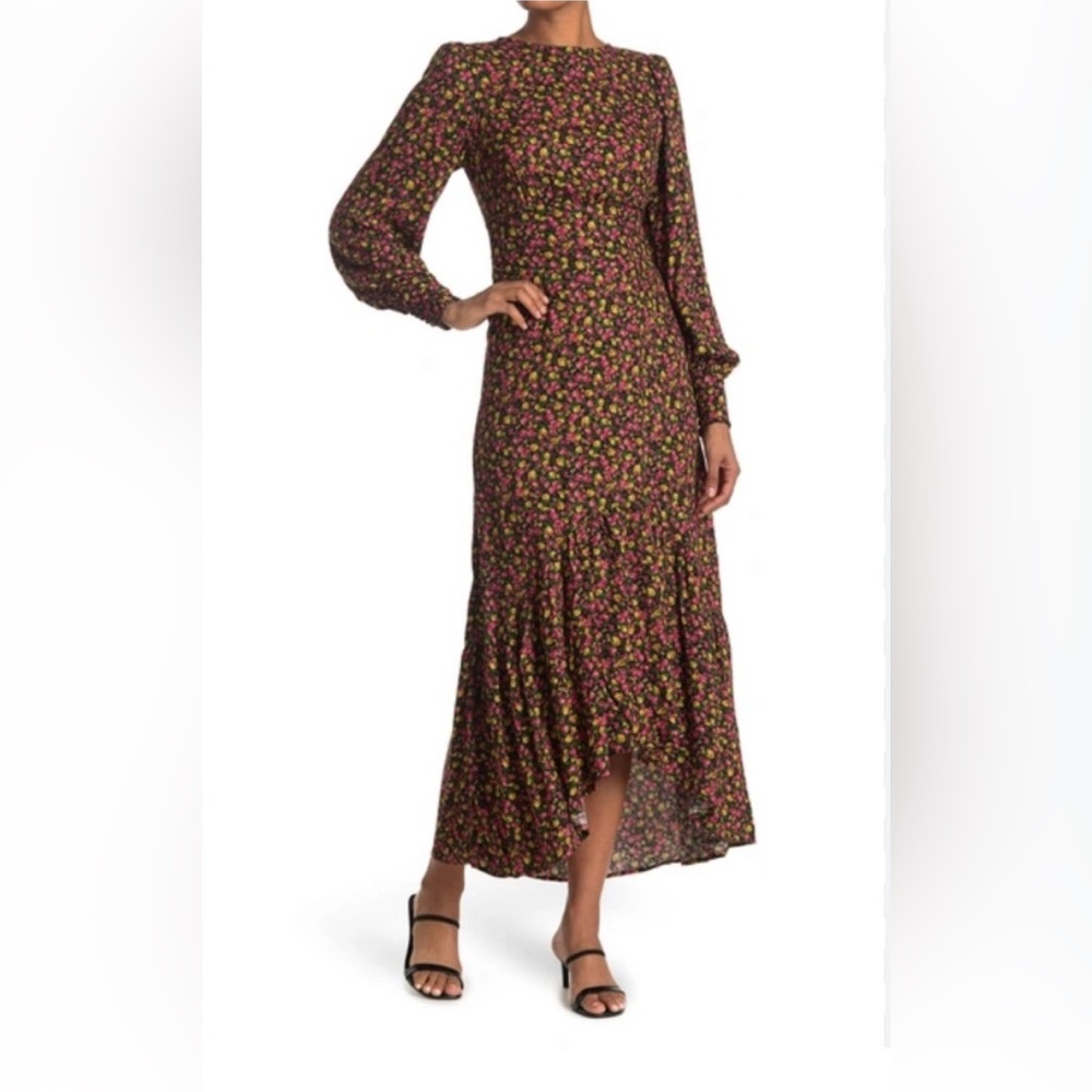 AFRM Gilda Ditsy Floral Back Cutout High Low Midi Dress Size M